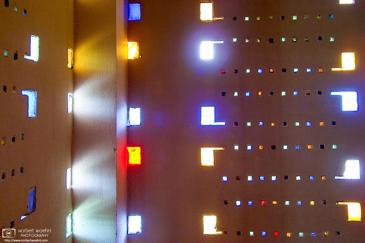 Detail of the stained-glass windows at Annie Pfeiffer Chapel. Frank Lloyd Wright designed this building on the Florida Southern College campus in Lakeland. © 2004 Norbert Woehnl Photography.