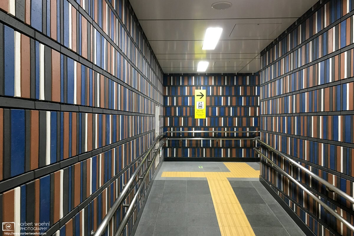 This pattern of tiles at a subway exit in Jimbocho, Tokyo, resembles books on a shelf. An apt choice, given that the area is filled with used-book stores. © 2019 Norbert Woehnl Photography.
