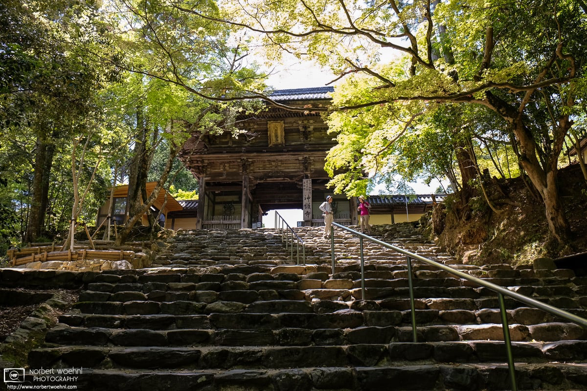 In Takao north of Kyoto, Japan, steep stairs are ascending in the forest to the gate of Jingoji Temple. © 2014 Norbert Woehnl Photography.