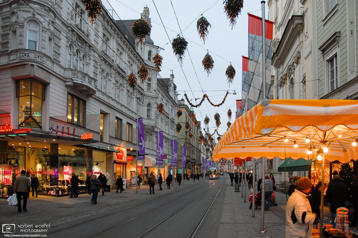 Not your usual Christmas decorations on Herrengasse, the main boulevard traversing the historic city center of Graz, Austria. © 2009 Norbert Woehnl Photography.