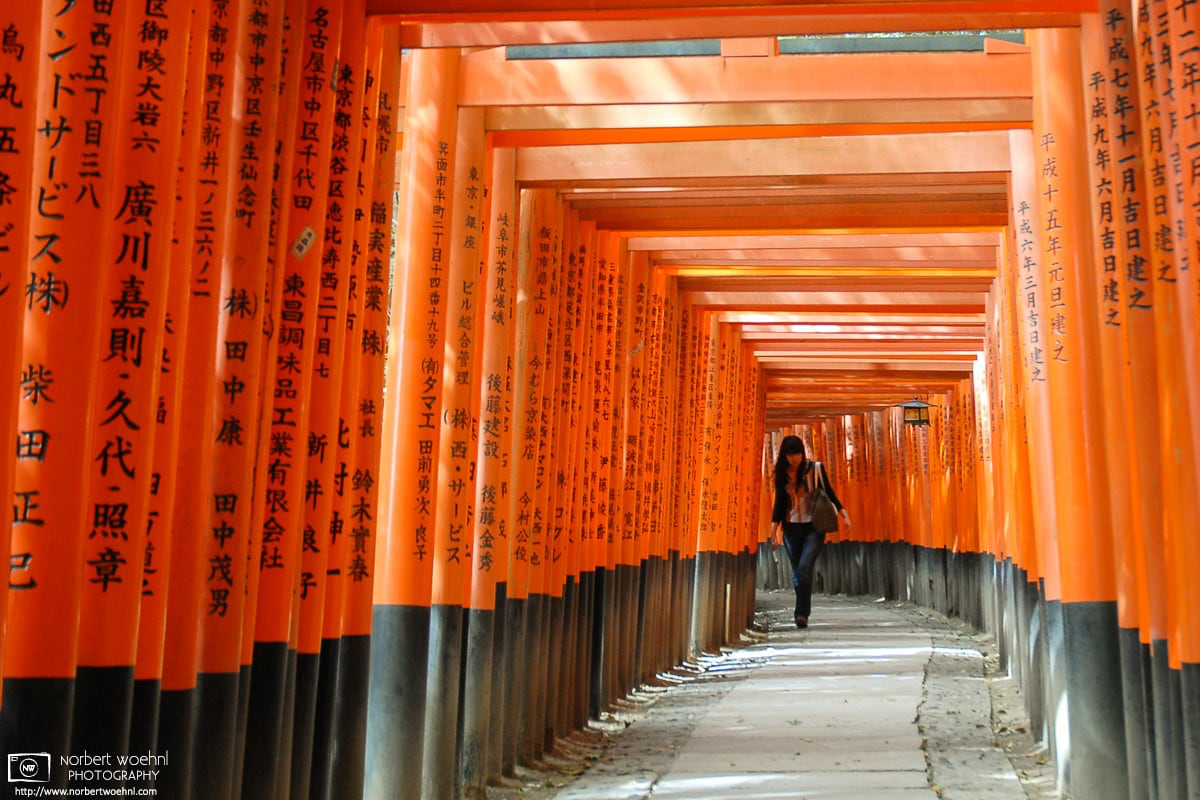A woman is walking in the tunnel of orange toori gates at Fushimi Inari Taisha in Kyoto, Japan. © 2006 Norbert Woehnl Photography.