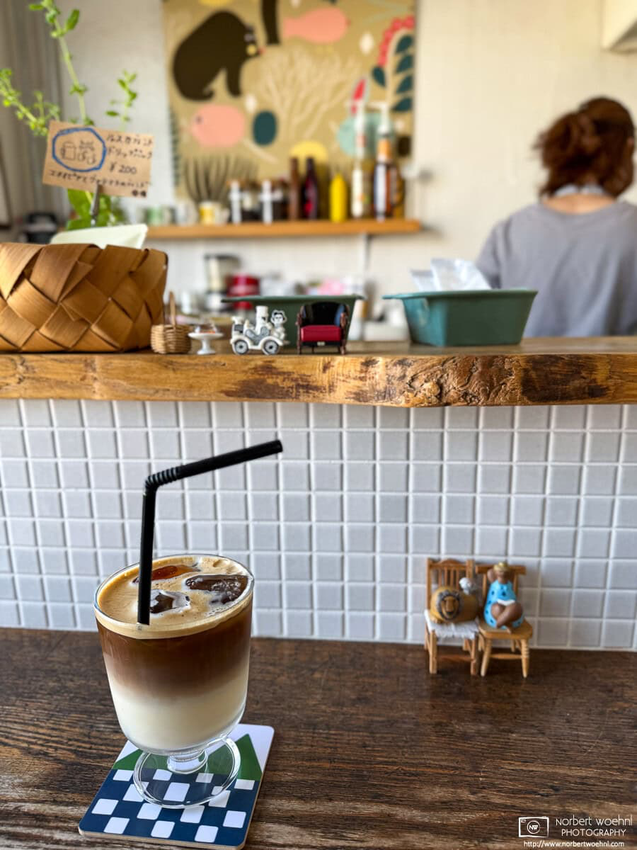 Interior decoration and iced caffe latte at Cafe Ruskä in Hakodate, Japan. © 2025 Norbert Woehnl Photography.