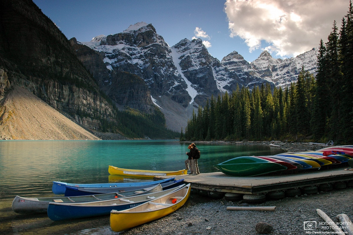 A late-afternoon scene near the canoe rental at Moraine Lake in Banff National Park in the Canadian Rockies. © 2005 Norbert Woehnl Photography.