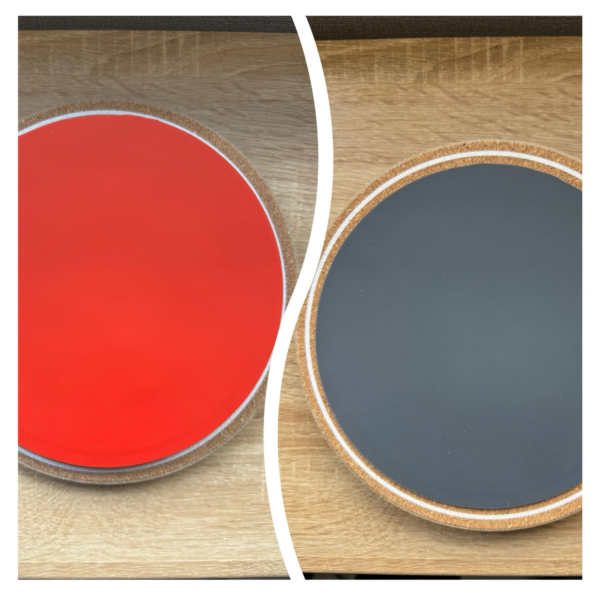 Top views of the red (thick) and gray (thin) layers of the resulting drum practice pad. © 2026 Norbert Woehnl Photography.