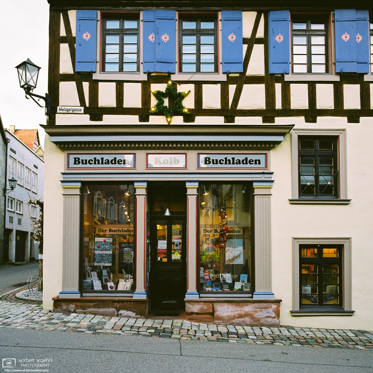 Corner bookstore in an old half-timbered house in the city of Rottweil, Germany. © 2015 Norbert Woehnl Photography.