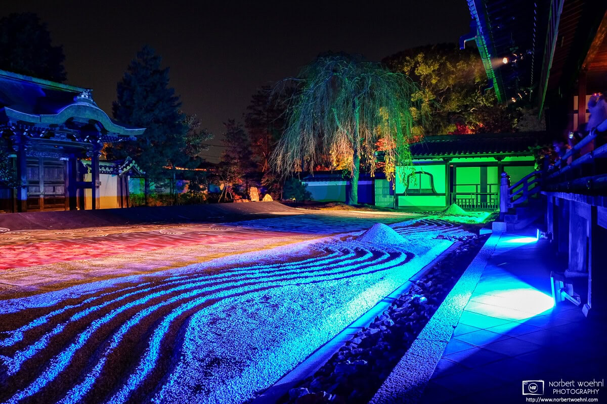 Vibrant autumn illuminations around the dry garden (karesansui) at Kodaiji Temple in eastern Kyoto, Japan. © 2013 Norbert Woehnl Photography.