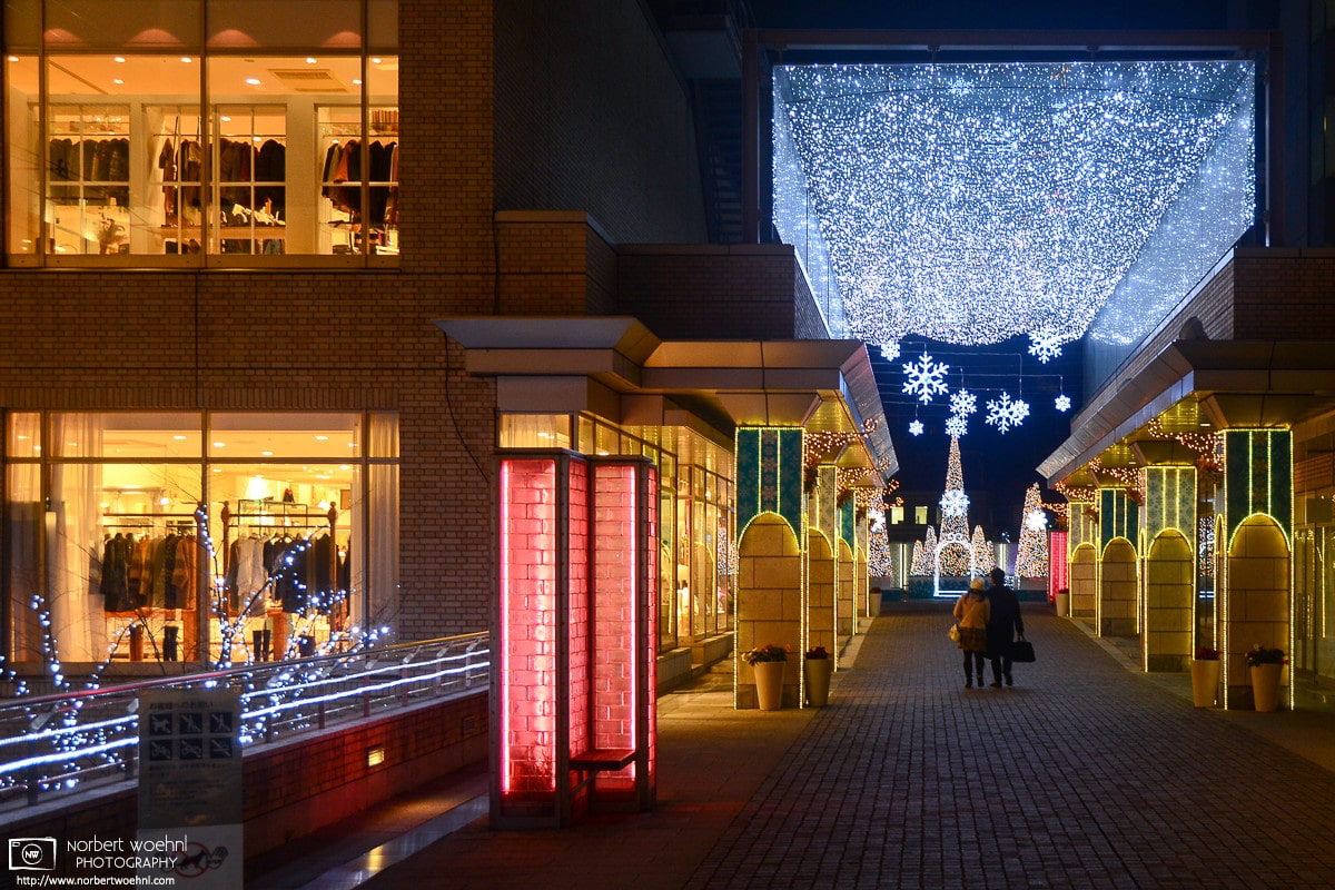 An installation of Christmas lights between commercial buildings near Daikanyama Station in the Shibuya Ward of Tokyo, Japan. © 2012 Norbert Woehnl Photography.