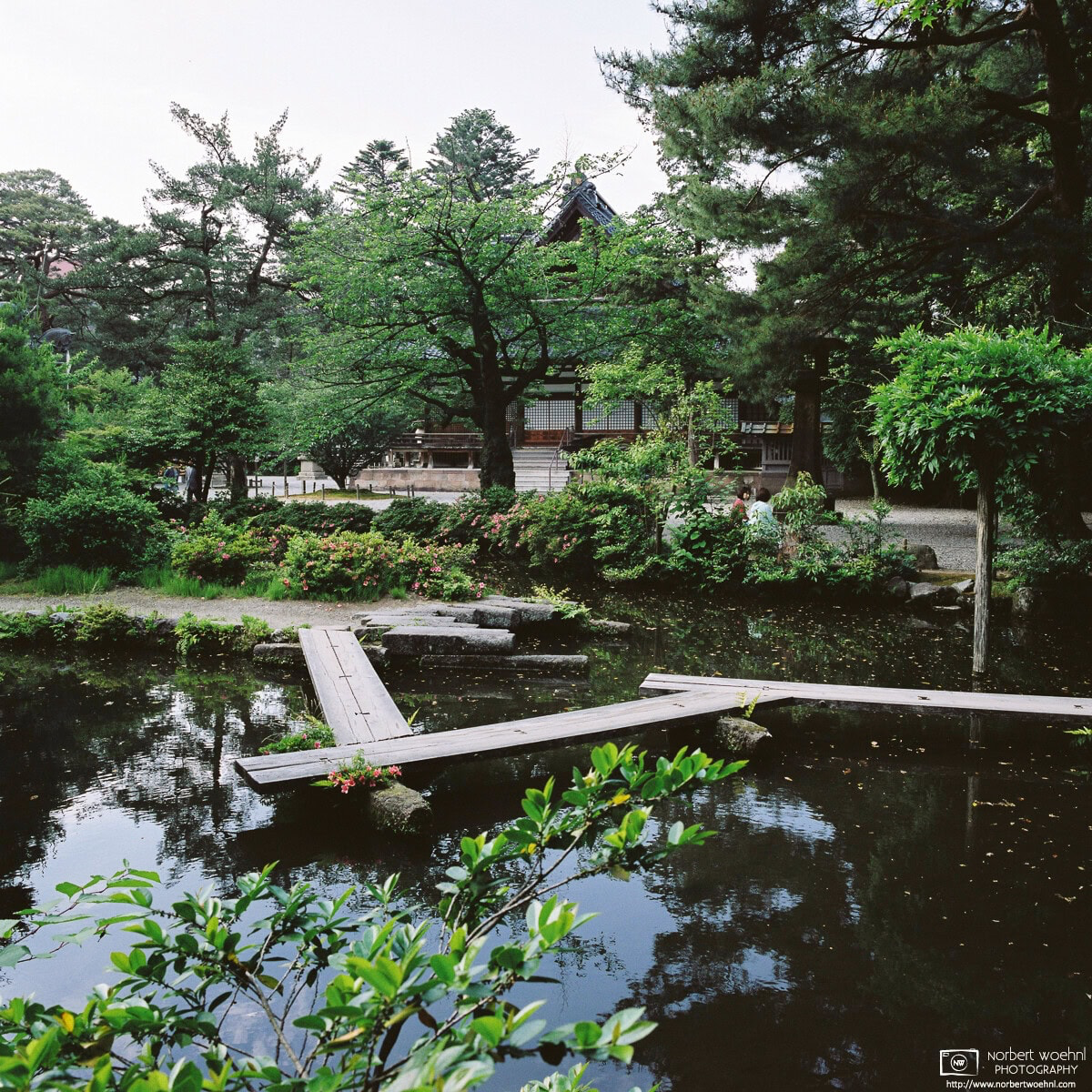 At Oyama Shrine in Kanazawa, Ishikawa Prefecture, Japan, this view looks across a small pond towards the main hall. © 2015 Norbert Woehnl Photography.