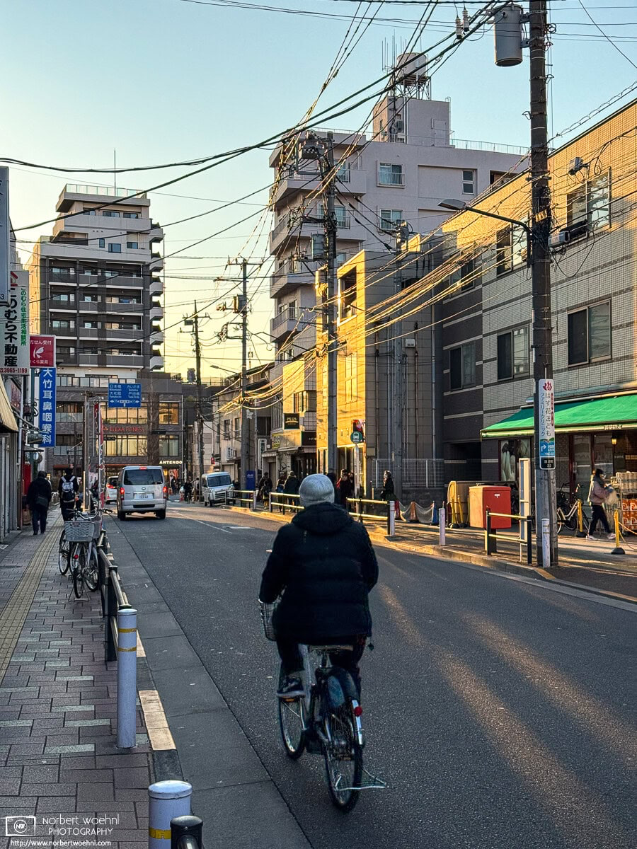 On a winter afternoon, the sun is casting long shadows and a warming glow on Hasunuma Athlete Road in the Itabashi Ward of Tokyo, Japan. © 2026 Norbert Woehnl Photography.