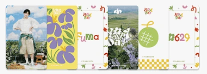 Slightly blurry (because of copyright on the website) photos of the photocards from Weverse for Fuma's birthday merch