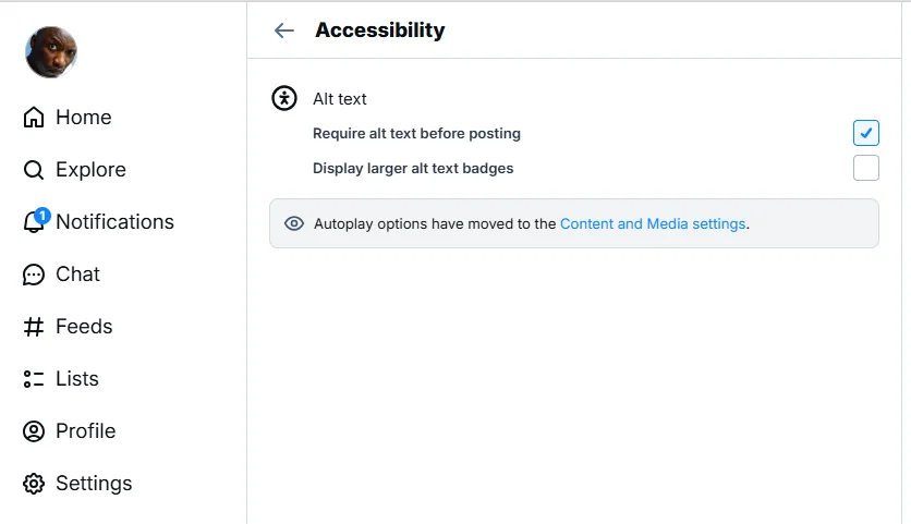 The Accessibility setting in BlueSky that forces alt text to be added before an image is posted. The relevant line reads "Require alt text before posting," and the checkbox beside it is activated.