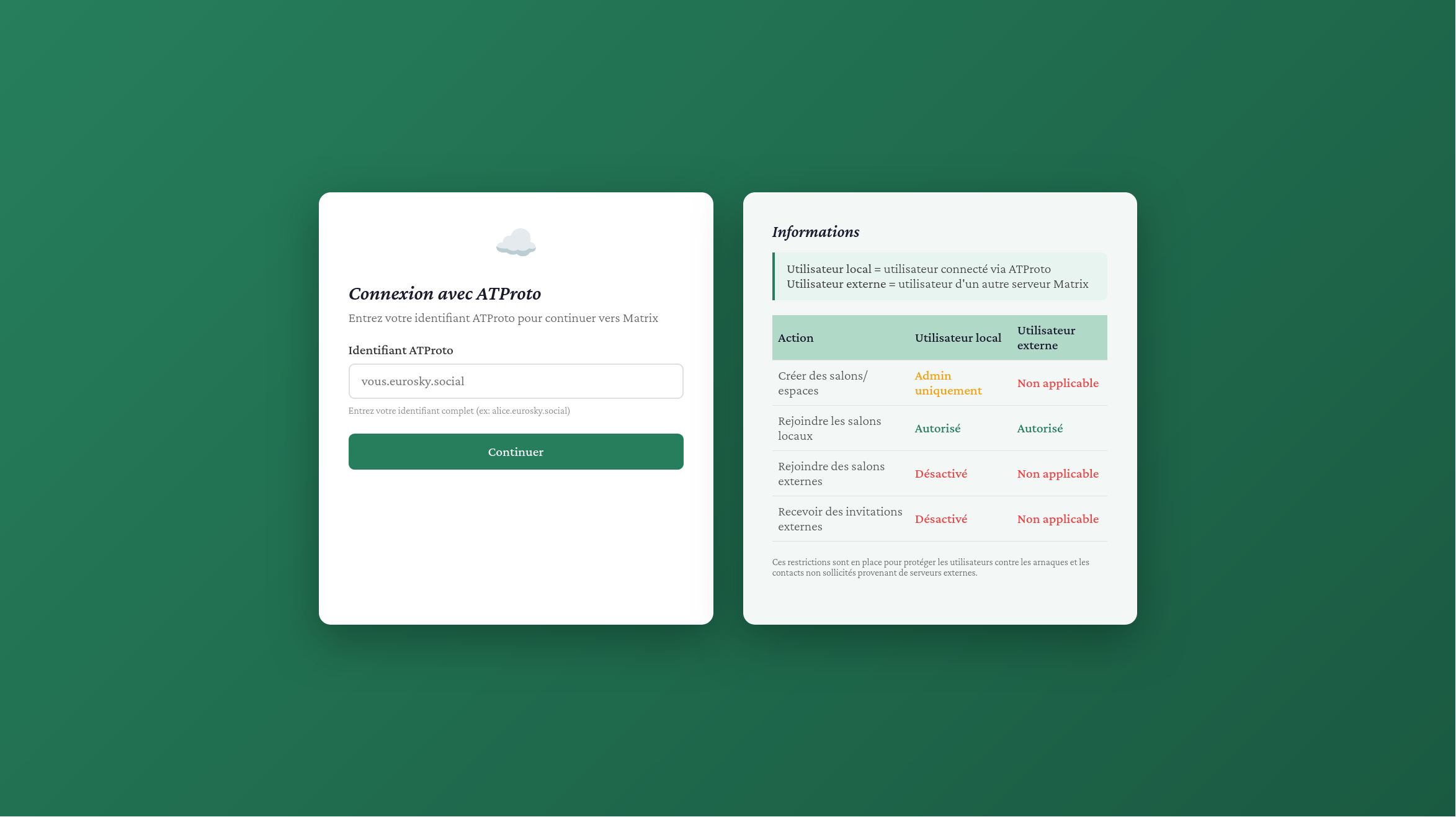 Interface de connexion au serveur matrix de atproto.fr